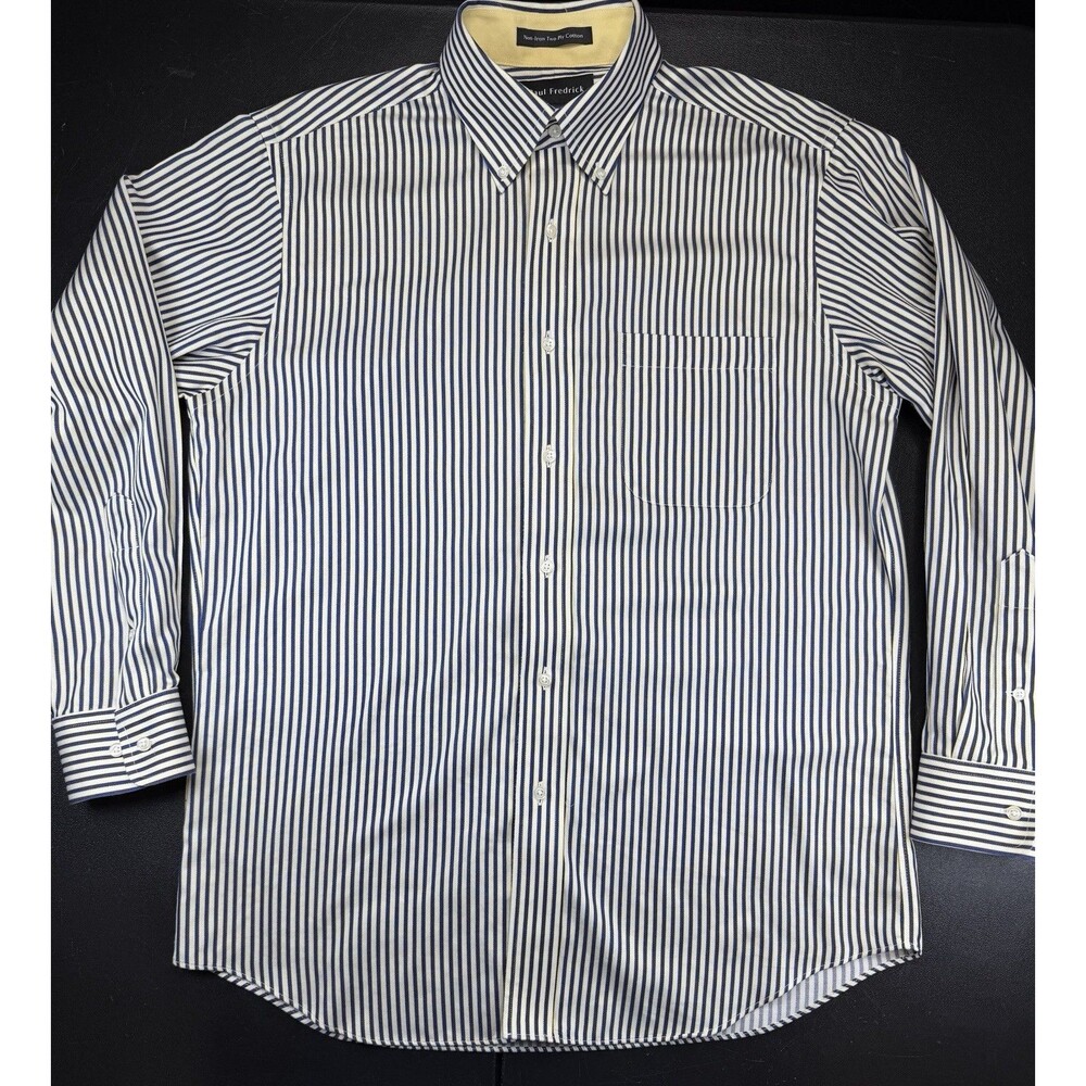 Paul Fredrick Dress Shirt Mens 15.5 Blue White Stripe Non-Iron Two Ply Cotton